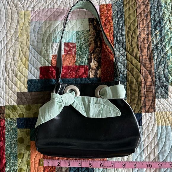 Vintage 90 Y2K Vamp Girls Handmade Black Faux Leather Blue Satin Bow Mini Bag - Picture 3 of 8